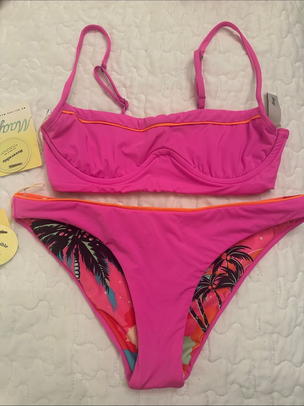 Maaji Hot Pink Bikini with Orange Trim and Tropical Accents NWT